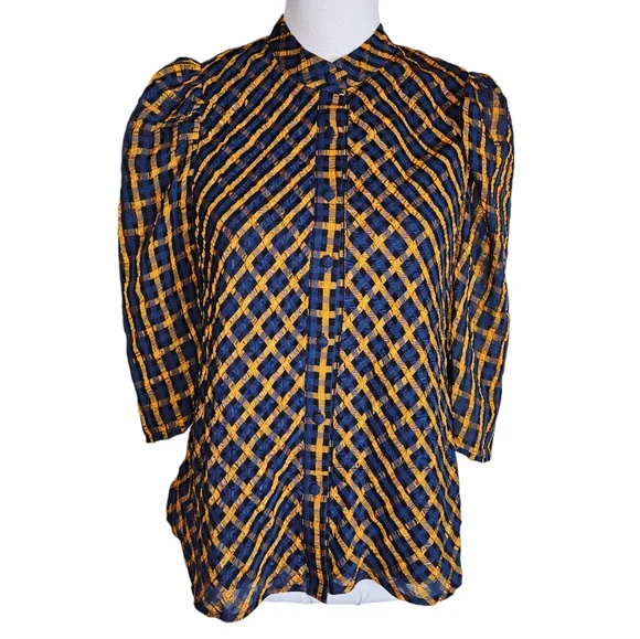 Eva Franco Anthropologie Textured Blue Yellow Plaid Blouse Size 2 Puff Sleeves - Picture 2 of 16
